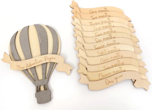 Vista 4 de Tarjetas de hitos mensuales de madera con globo aerostático para bebé, letrero de hitos de mi primer año, marcador de hitos mensuales para bebés
