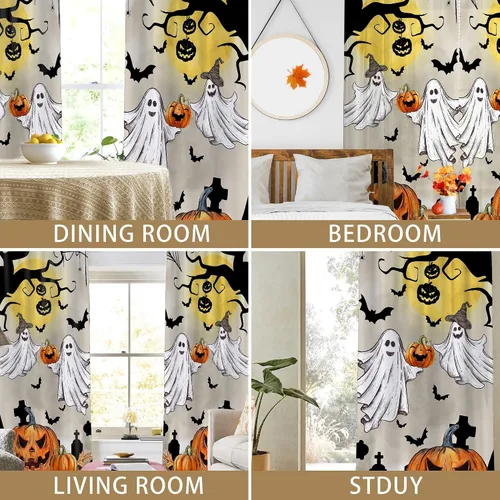 Vista 3 de PINATA Cortinas de Halloween para sala de estar, decoración de Halloween para el hogar, ventana, naranja transparente de 96 pulgadas de largo, 2
