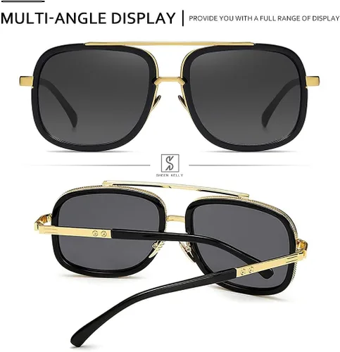 Vista 7 de SHEEN KELLY Retro Oversized Pilot Sunglasses Square Frame Metal Men Women Mirror Lens Blue Silver Pink Black