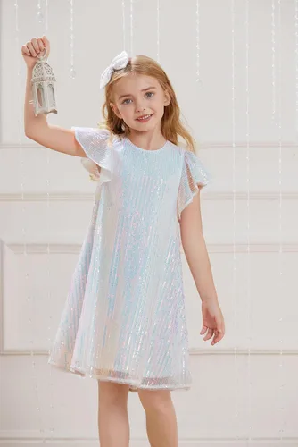 Vista 3 de GRACE KARIN Vestido de lentejuelas para niñas, manga corta, con vuelo, silueta acampanada, vestido midi con lazo para el pelo, 5-12 años