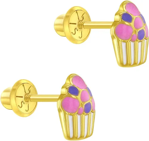 Vista 2 de 14k Yellow Gold Colorful Enamel Cupcake Screw Back Earrings for Toddlers & Young Girls - Multicolor Fun & Fashionable Screw Backs for Children & Kids