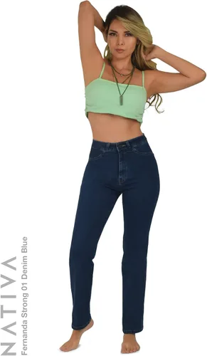 Vista 2 de Nativa Pantalones de mezclilla de tiro alto para mujer, tela de mezclilla de piel de durazno, pierna recta, ajuste elástico Fernanda, fuerte, ultra