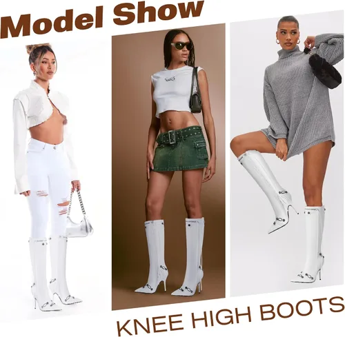 Vista 5 de VOMIRA Botas altas hasta la rodilla sexy con remaches puntiagudos, borlas y tacones de aguja de tacón alto, moda para fiesta de moda