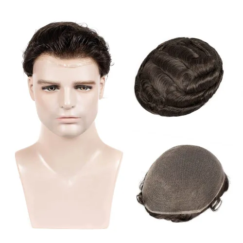 Vista 10 de Amiable Toupee para hombres, cabello humano, encaje francés, sistemas de reemplazo de cabello para hombre, suave blanqueado, frontal, aspecto #1