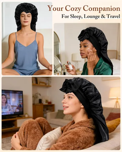 Vista 4 de AWAYTR Gorro largo de satén para mujer, gorro de seda elástica de doble capa para trenzas, gorro de dormir con banda de amarre (negro)