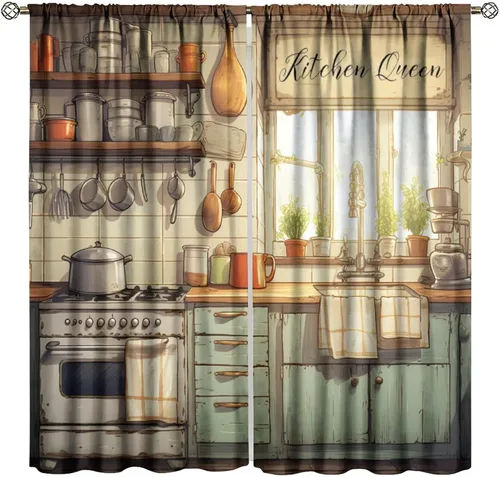 Vista 10 de Cortinas de cocina estilo retro, 2 paneles con bolsillo para cortinero, decoración de dormitorio, cocina, cafetería, 42 pulgadas de ancho x 45