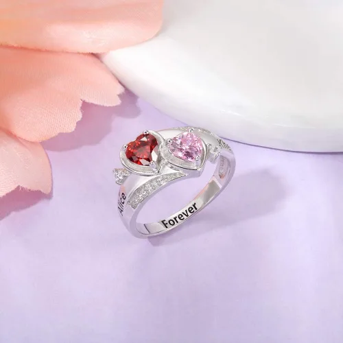 Vista 4 de Anillo de plata de ley con piedras de nacimiento, anillos de piedra natal personalizados para mujeres, mamá, nombres grabados, anillos de promesa