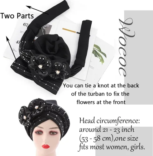 Vista 7 de Woeoe Gorro para la cabeza con diamantes de imitación negros, bufanda para la cabeza con perlas de flores, turbante para mujeres y niñas, Color-1
