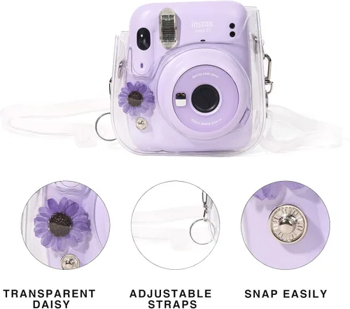 Vista 2 de Funda transparente para cámara instantánea Fujifilm Mini 12/13/11/9/8 con correa transparente para el hombro (flor real, morado) (sin cámara)