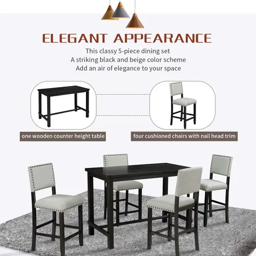 Vista 3 de Harper & Bright Designs Juego de comedor de 5 piezas, mesa clásica elegante y 4 sillas en color espresso y beige