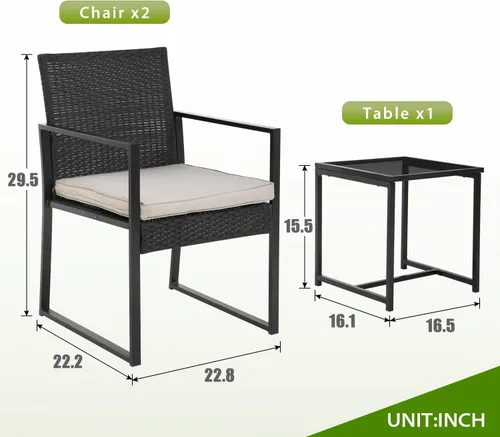 Vista 13 de PayLessHere Juego de muebles de patio al aire libre de 3 piezas Caqui Moderno juego de bistró de ratán con sillas acolchadas y mesa de centro