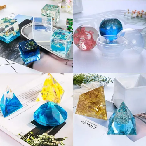 Vista 2 de 4 moldes de fundición de resina de silicona transparente, esfera grande de molde de resina epoxi transparente, cubo, triangular, moldes de diamante