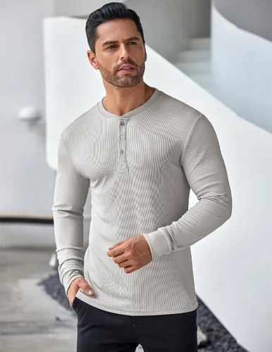 Vista 8 de COOFANDY Camisas Henley de manga larga para hombre, camisetas elásticas acanaladas, camisetas básicas casuales de moda