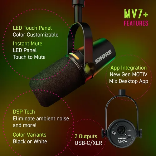 Vista 3 de Shure MV7+ - Micrófono dinámico para podcasts, certificado OBS, audio mejorado, panel LED, salidas USB-C y XLR, modo de nivel automático, filtro