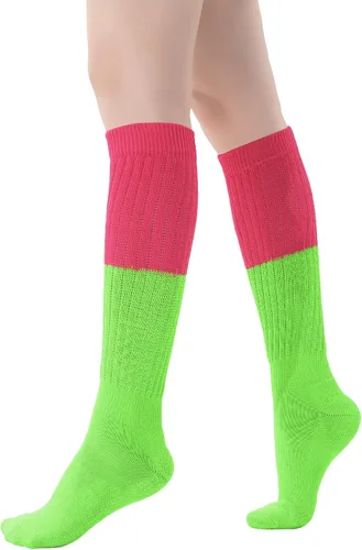Vista 4 de Calcetines holgados de neón para mujer de los años 80 y 90, calcetines altos hasta la rodilla, suaves y extra largos, calentadores de piernas