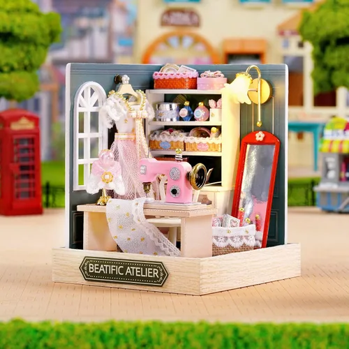Vista 3 de CUTEROOM Juego de bricolaje para casa de muñecas en miniatura con muebles de madera, kit de casa de madera con cubierta antipolvo y luz LED