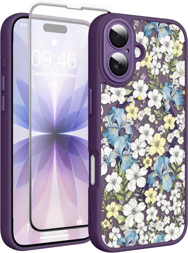 Vista 87 de Magnético para iPhone 13 con protector de pantalla [Compatible con MagSafe] Diseño de patrón floral de flores bonitas, funda delgada a prueba
