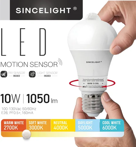 Vista 2 de SINCELIGHT Bombilla LED con sensor de movimiento de 9 W con base E26, PIR activada por movimiento en la oscuridad, encendido/apagado automático por