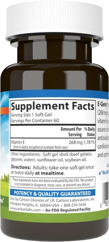 Vista 2 de Carlson Labs E-Gems Natural Vitamina E, 400 UI, 60 cápsulas blandas