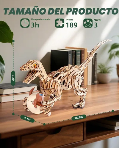 Vista 7 de ROKR Rompecabezas de madera 3D para adultos, kit de modelo de velociraptor, rompecabezas de madera 3D de 106 piezas, regalo para adultos