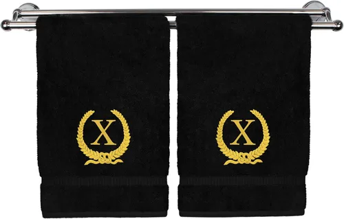 Vista 140 de Toalla de mano con monograma, regalo personalizado, 16 x 30 pulgadas, letra blanca bordada con diseño de corona en toalla negra, extra absorbente