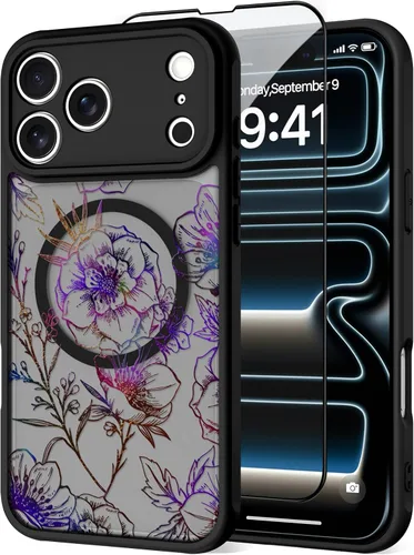 Vista 43 de OOK Funda magnética para iPhone 13 Pro Max [compatible con MagSafe] Funda delgada translúcida mate con flor silvestre negra, protección para lente