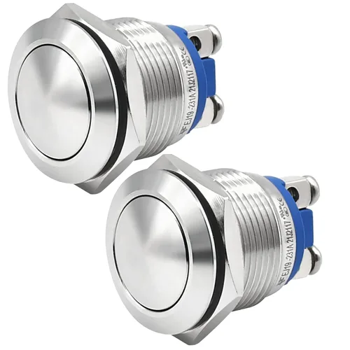 Vista 12 de 2 piezas de interruptor de botón de presión de 19 mm, negro, momentáneo, impermeable IP67, metal, plano, redondo, 3/4 pulgadas, 12 V, 24 V, 36 V