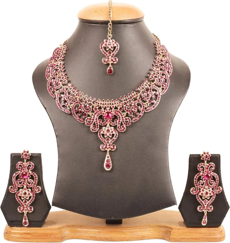Vista 37 de Conjunto precioso de collar con look real Indian Bollywood, maravillosamente decorado, conjunto de collar adornado para mujer.
