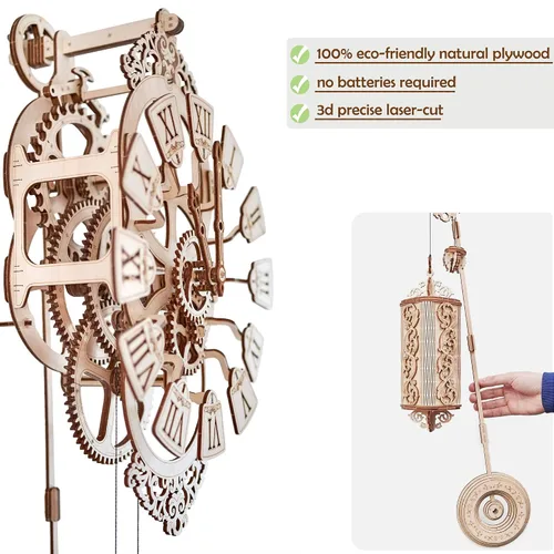 Vista 7 de Reloj de pared con péndulo de madera para construir, reloj de pared de madera de bricolaje grande - Sin baterías - Puzzle de madera 3D - Reloj
