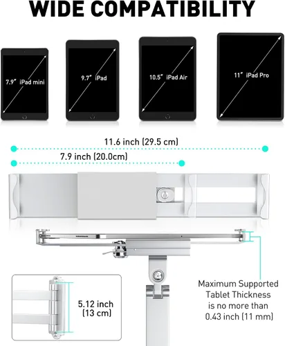 Vista 4 de AboveTEK Soporte de pared para tablet, soporte de tableta de rotación de 360° con brazo de extensión, soporte de cocina antirrobo para tabletas de 7