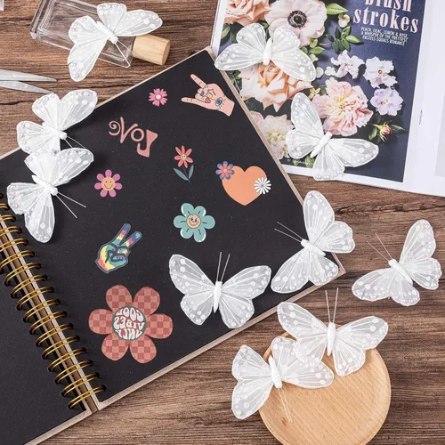 Vista 6 de HINZIC Paquete de 10 mariposas de plumas 3D para decoraciones, calcomanías de mariposa de perlas brillantes para manualidades, adornos de árbol