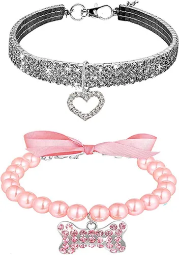 Vista 9 de Juego de Collar y Correa de Perro con Diamantes de Imitación y Perlas, Ajustable, Perros/Gatos Pequeños, Hembra, Elegante, Perla