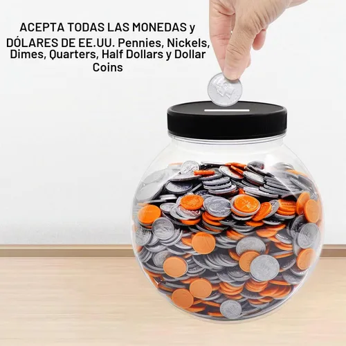 Vista 3 de Tarro grande para monedas, gran plástico transparente para monedas, cambio de dinero con tapa ranurada plateada, 2 métodos de colocación, monedas