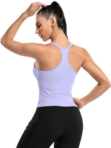 Vista 131 de ATTRACO Camiseta corta acanalada de entrenamiento para mujer con brasier integrado para yoga, espalda cruzada, ajuste ajustado