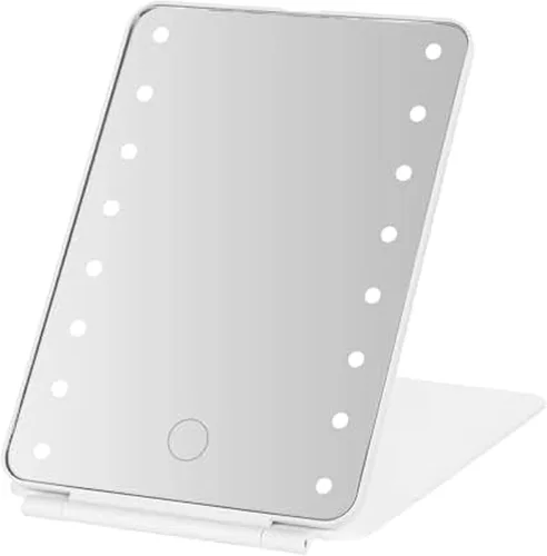 Vista 7 de MELANNCO Espejo de tocador con luces, 7.8 x 5.3 pulgadas, espejo de maquillaje LED de oro rosa para escritorio, 16 bombillas LED, plegable
