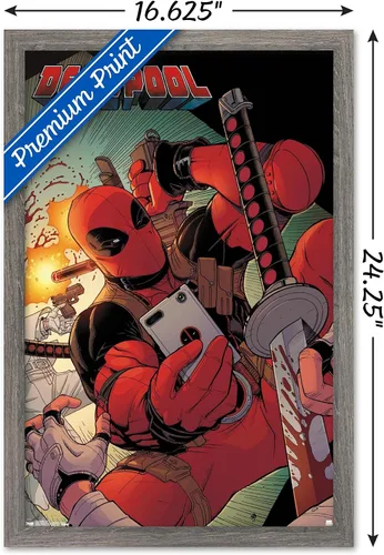 Vista 3 de Trends International Marvel Comics Deadpool - Póster de pared para selfies, 14.725 x 22.375 pulgadas, versión enmarcada de madera de granero
