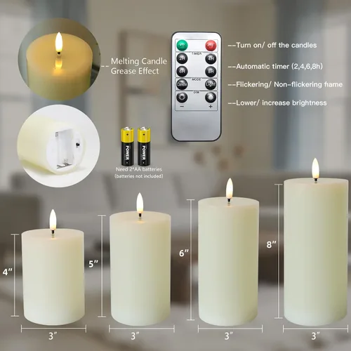Vista 7 de Lezonic Velas LED de color marfil sin llama con temporizador remoto, paquete de 4 velas parpadeantes, diseño de grasa, pilar de cera real