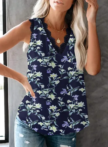 Vista 193 de VIISHOW - Camiseta sin mangas, sexy, con cuello en V y bordes de encaje para mujer, camisola de vestir, camisas de gasa, sin mangas, casuales