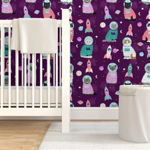 Vista 6 de Muestro de papel tapiz extraíble – Gatos espaciales Gato lindo gatito gatito púrpura mascota Retrato personalizado pre-pegado papel pintado por