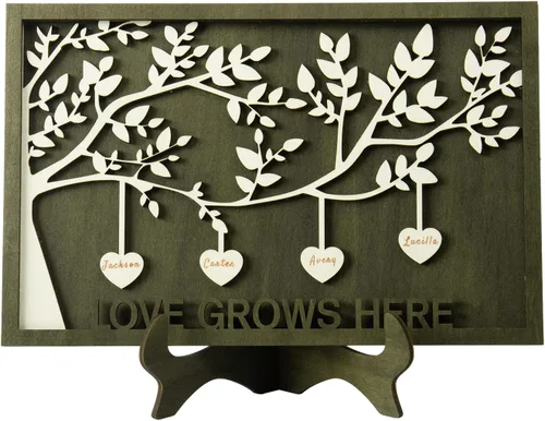 Vista 33 de Árbol genealógico con etiqueta de corazón, placas de madera grabadas personalizadas, regalos personalizados para madres, padres, escritorio, nombres