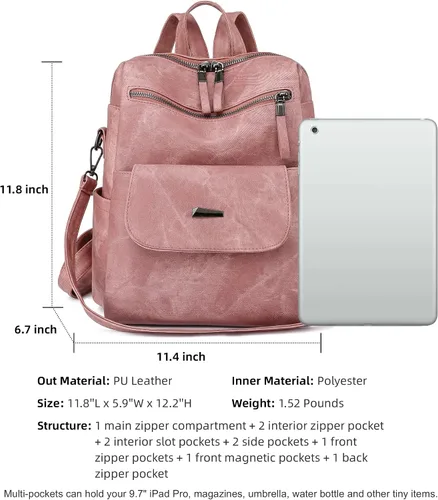 Vista 4 de Bolso tipo mochila para mujer, diseño multiusos, bolsos y bolso de hombro de piel sintética, Rosado, L, Mochilas de viaje casuales escolares