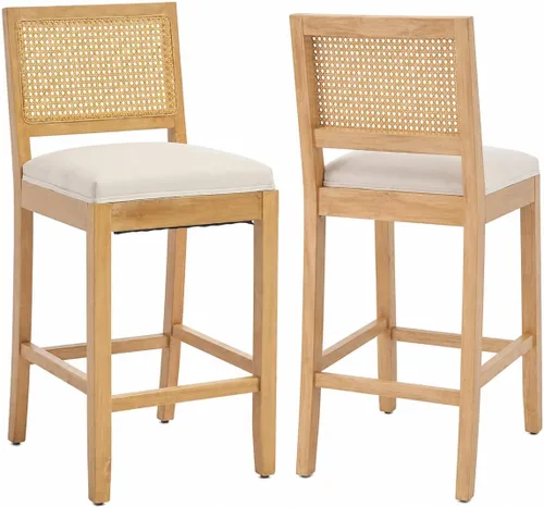 Vista 3 de Juego de 2 taburetes de bar de altura de mostrador, sillas de isla de cocina con respaldo de caña beige, taburetes de bar de ratán con respaldo