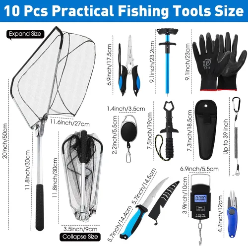 Vista 2 de RoundFunny Kit de herramientas de pesca de 10 piezas, alicates de pesca con cordón y fundas protectoras, salabre, cuchillo de filete, balanza