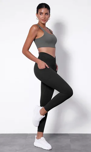 Vista 3 de ODODOS Leggings de yoga con cintura cruzada para mujer con bolsillos, pantalones de yoga de entrenamiento cruzado de 2528 pulgadas
