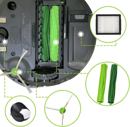 Vista 2 de Piezas de repuesto Accesorios para aspiradora iRobot Roomba i7 j7 i6 i8 i3 i4 i1 e5 e6 serie I E incluye 1 cepillo de rodillo, rueda delantera y 3