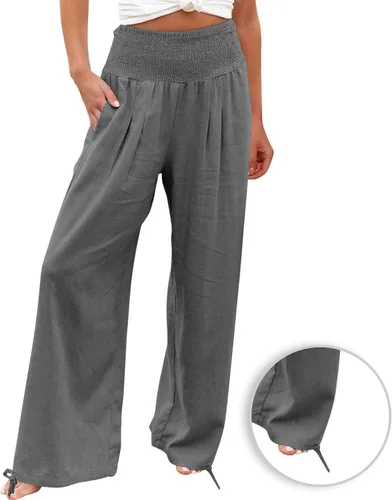Vista 5 de Cotton Linen Pants Women's Casual Wide Leg Palazzo Pants, Casual High Waisted Palazzo Pants with Pockets