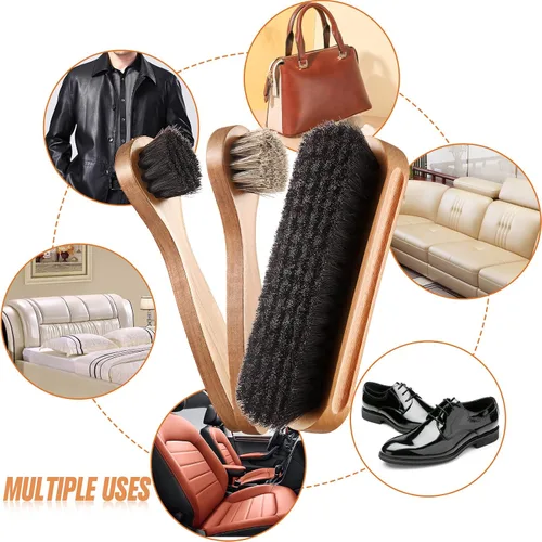 Vista 5 de Kit de 4 cepillos para zapatos de pelo de caballo, aplicadores de limpieza de piel, botas, cepillos de cuidado de gamuza con paño de microfibra