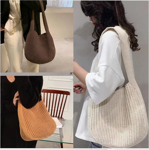 Vista 4 de Womens Knited Tote Bag Shoulder Hobo Crocheted Bag Aesthetic Cute Knit Accessory Handbag for Ladies Black White Brown