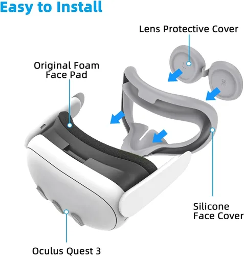 Vista 5 de Relohas Deluxe VR Accessories for Meta Quest 3, Safe 2 in 1 Silicone Case Set for Oculus Quest 3, Include Upgraded Lens Protector, Face Cover (Grey)