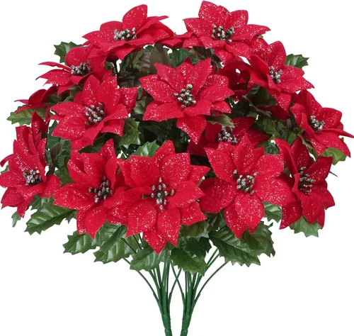 Vista 12 de Mini árbol de Navidad con flores artificiales en maceta 1cs pequeño en maceta-13 pulgadas